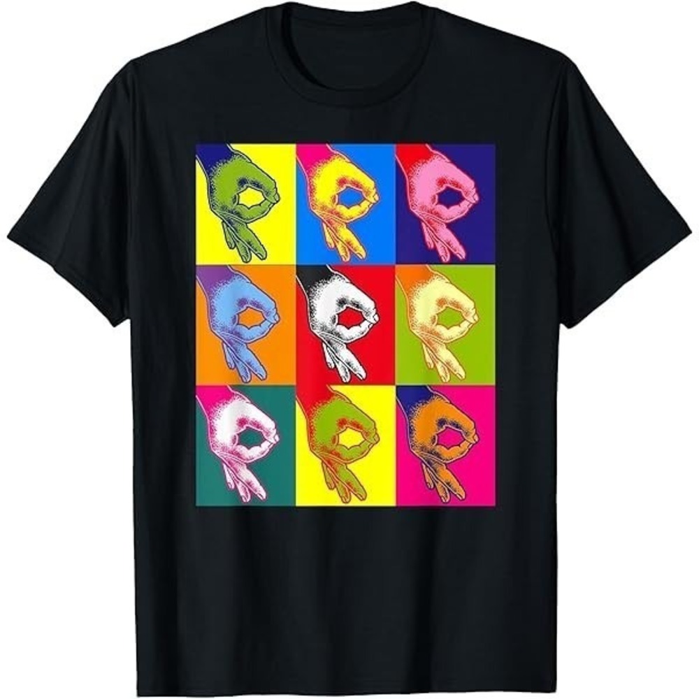 Artsy Pop Art "OK" Symbol Hand Sign T-Shirt Vibrant Hand Gesture Black Tee Large